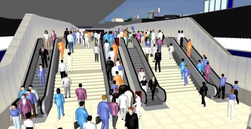 Un'esempio di simulazione realizzata con PTV Viswalk dei pedoni che si spostano in un aeroporto