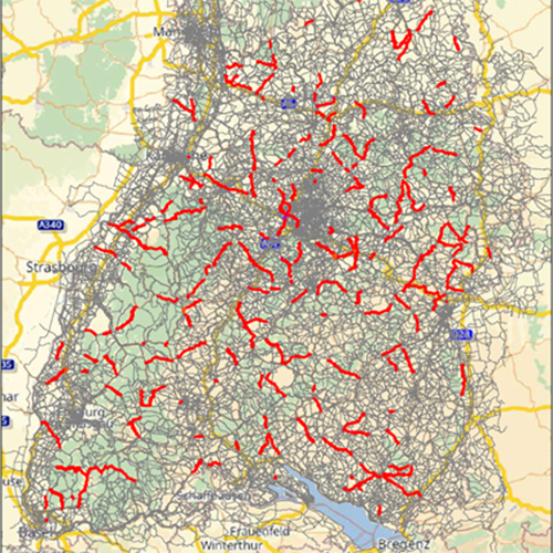 An example: routes newly included in the requirements plan for cycle paths are marked in red.