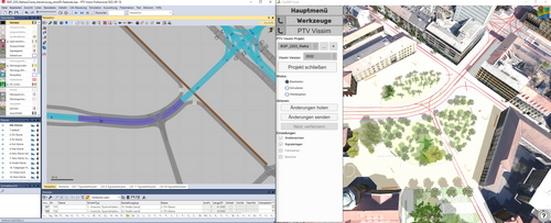 Kopplung von Vissim (links) mit CityGRID Scout (rechts): Darstellung der Straßenachsen und der Lichtsignalanlagen in CityGRID Scout im Bearbeitungsmodus.