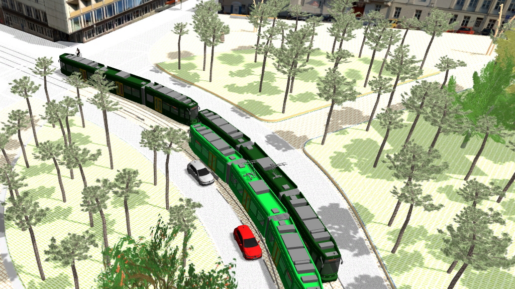 Simulation von Straßenbahnen und Fahrzeugen.