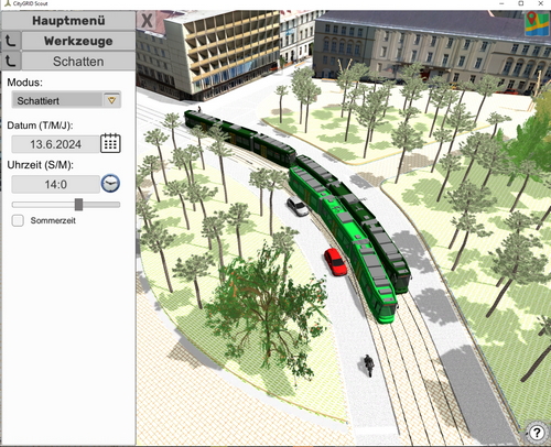 Wiedergabe einer aufgezeichneten Verkehrssimulation sowie Schattensimulation in CityGRID Scout. (UVM Systems GmbH)