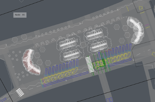 A wireframe view of the historical square area, created in PTV Vissim