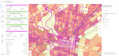 A PTV Lines visualization of socio-economic data overlaid on a PT network.