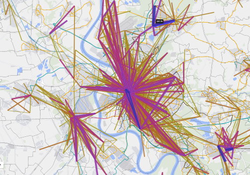 Origin-Destination matrices displayed in PTV Lines.