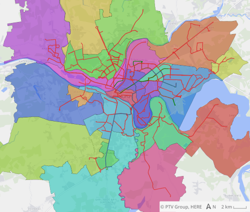 A simplified map of bus and trolley lines serving Kaunas