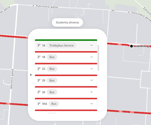 In the center of Kaunas, many different bus routes run along the same street.