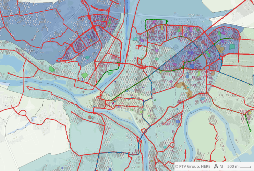 Overlapping bus routes in the center of Kaunas