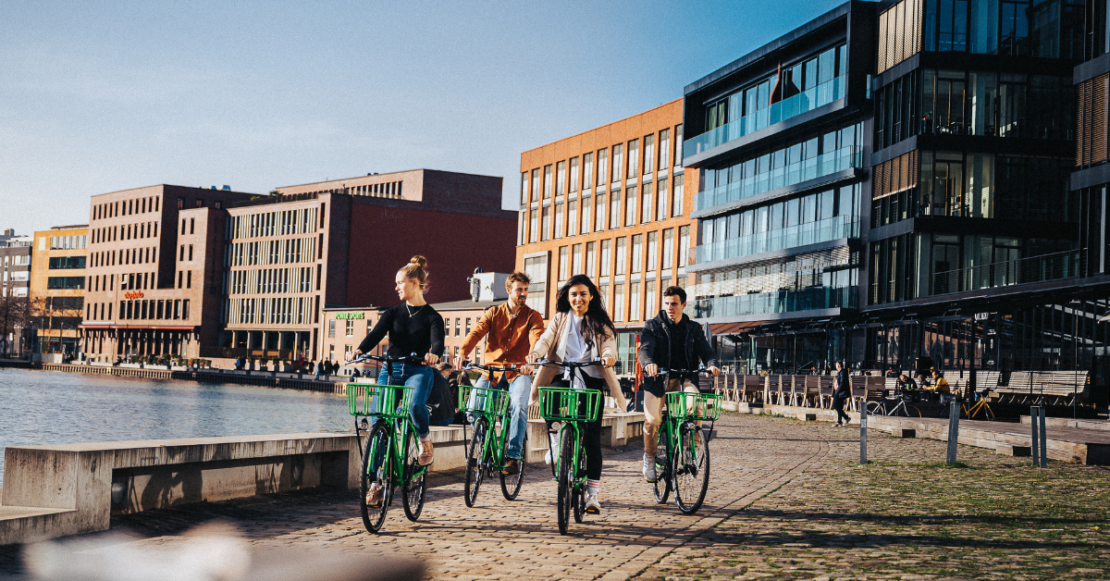 Platz 1: Münster. Vier Personen fahren mit dem Fahrrad durch Münster.