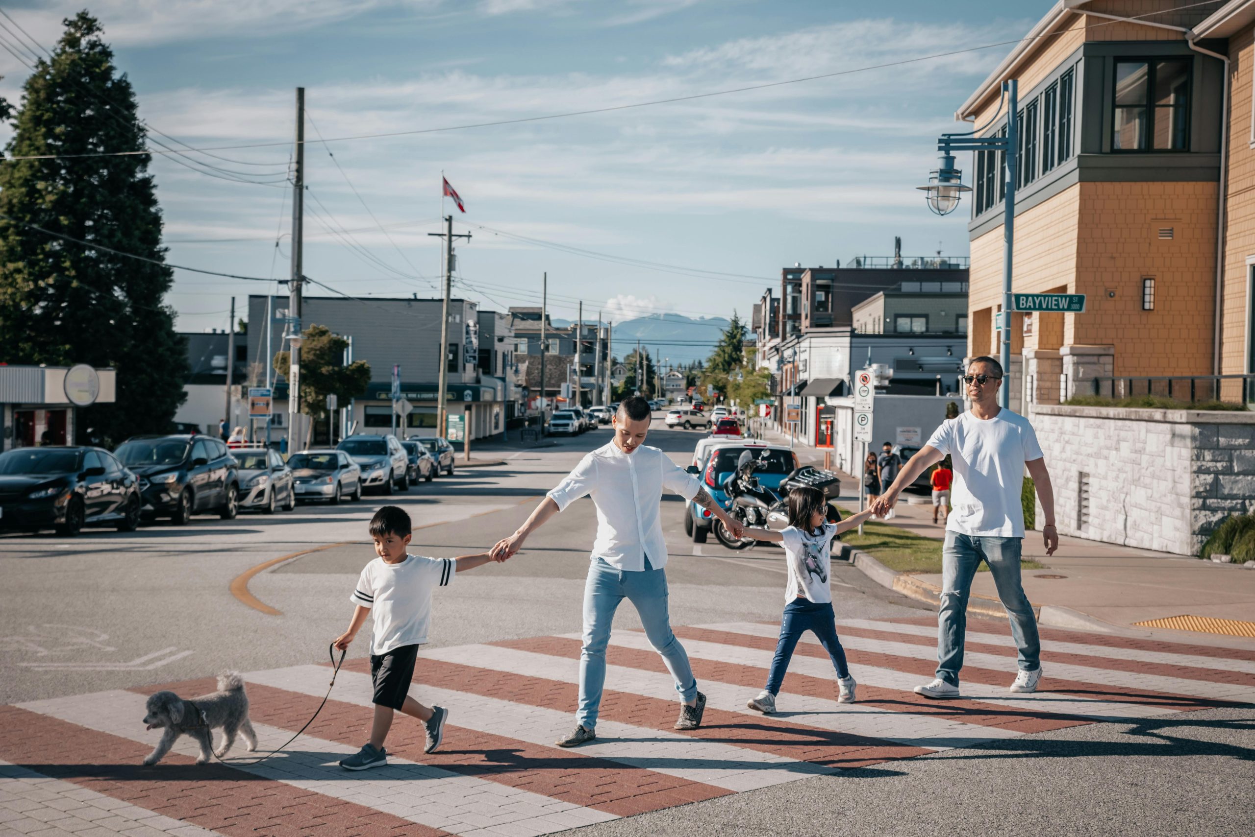 Family crossing street