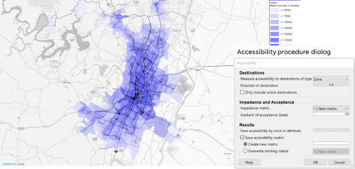 PTV Visum accessibility map with zones shaded by utility weighted jobs and setup dialog