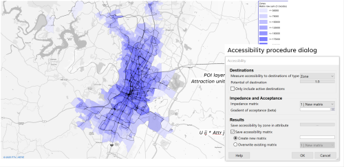 PTV Visum accessibility map with zones shaded by utility weighted jobs and setup dialog