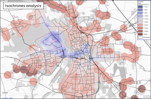 Single origin isochrones showing equal time contours; travel time only, not land use
