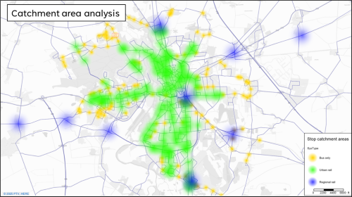 Catchment (walkshed) coverage around stops by mode; indicates local reach, not travel time