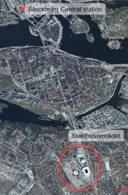 Aerial map of Stockholm showing Slakthusområdet and Stockholm Central Station