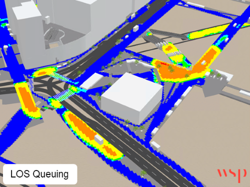 PTV Viswalk crowd simulation: Queuing LOS heatmap for one way event egress, showing crowding at entrances and forecourts