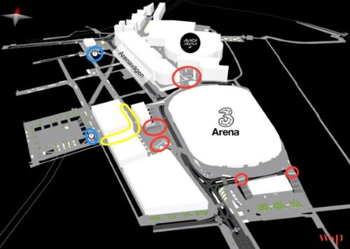 3D schematic of Avicii Arena and 3Arena with routes to metro entrances, crossings, bridges, and inspection zones