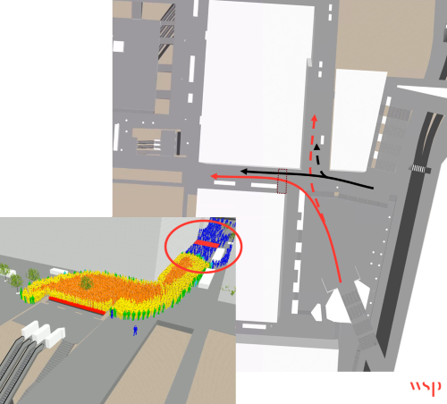 Plan view with arrows showing rerouting to the northern entrance; inset shows queuing at the southern entrance