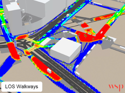 Walkway LOS heatmap of the arena district showing density bands along crossings, forecourts, and paths