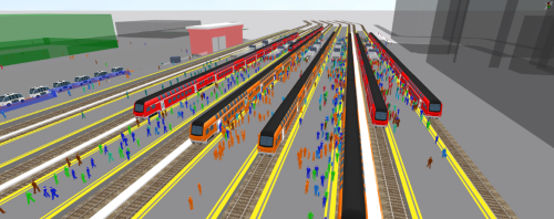 Train station pedestrian flow simulation at Diridon, platform view.