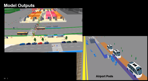 PTV Vissim views of BART headhouse and on demand pods.