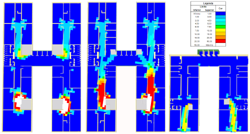 Density map in building evacuation simulation showing stair congestion at 1,635 occupants.