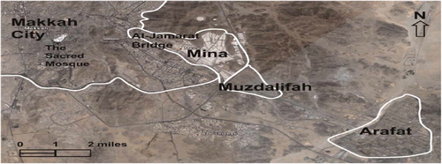pedestrian simulation for major events, location of Mina and Hajj sites near Mecca