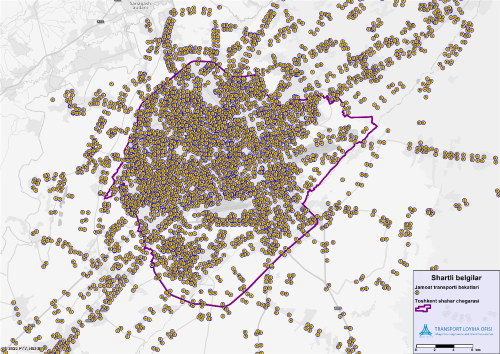 Digital transport model public transport stops across Tashkent in PTV Visum