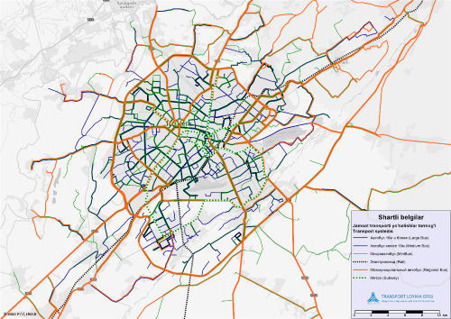 Digital transport model public transport lines map for Tashkent in PTV Visum