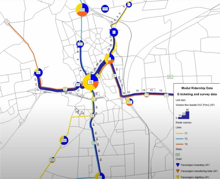 Map overlay of observed ridership from e-ticketing and survey data