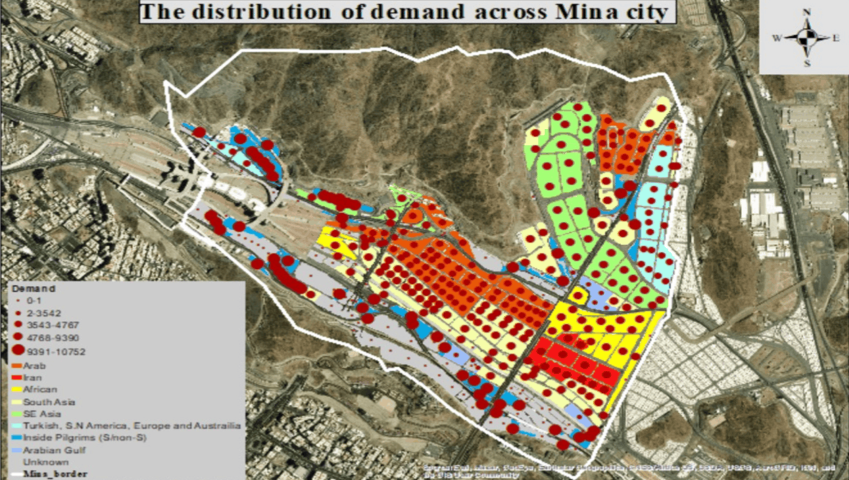 pedestrian simulation for major events, night-time demand surface in Mina