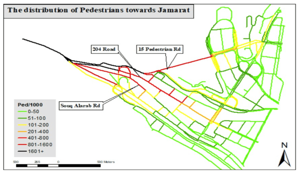 pedestrian simulation for major events, allocating pedestrian demand along routes to Jamarat Bridge