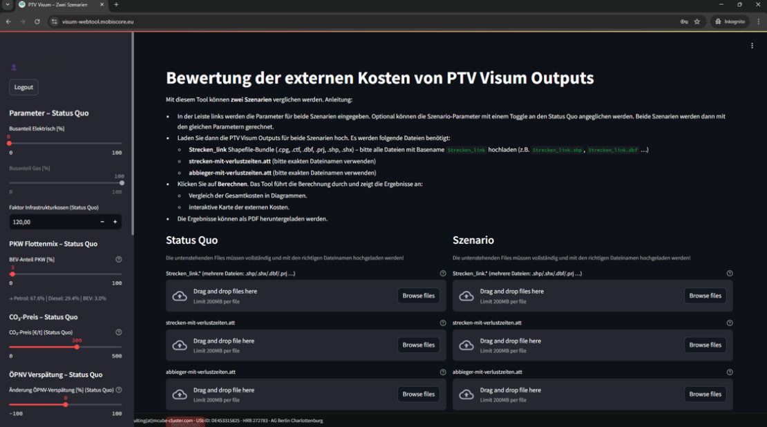 Screenshot der Startseite des Add-on Tools zu externen Kosten