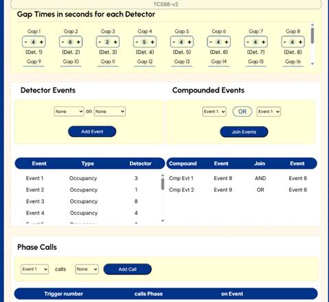 VAPiT detector gaps and event logic screen showing detector events, compound events, and phase calls