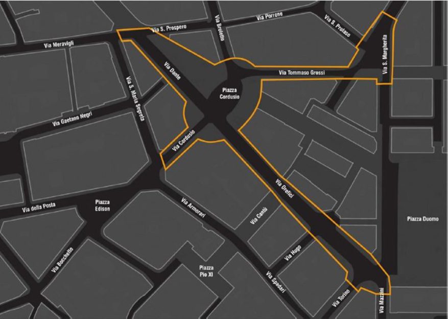 Project area around Piazza Cordusio and surrounding streets in Milan