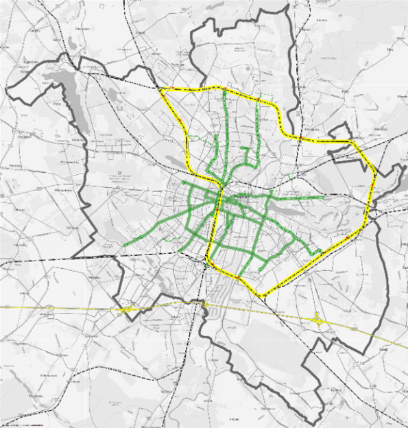 Poznań transport network showing the proposed alignment used for orbital rail service planning