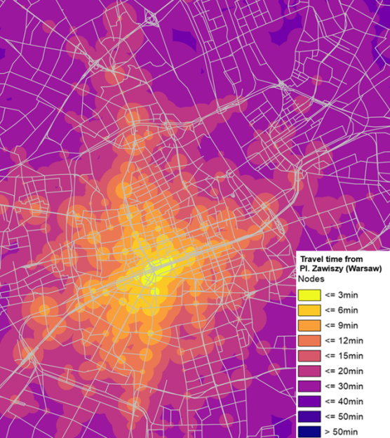 Public transport planning workflow example showing travel-time isochrones for stop accessibility analysis