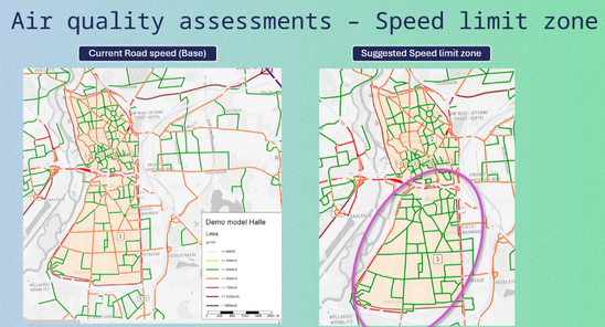 Public transport planning workflow, before and after network view for a speed limit zone scenario